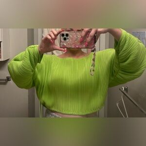 Future Collective Neon Green Pleated Balloon Sleeve Crop Top Blouse | Size M
